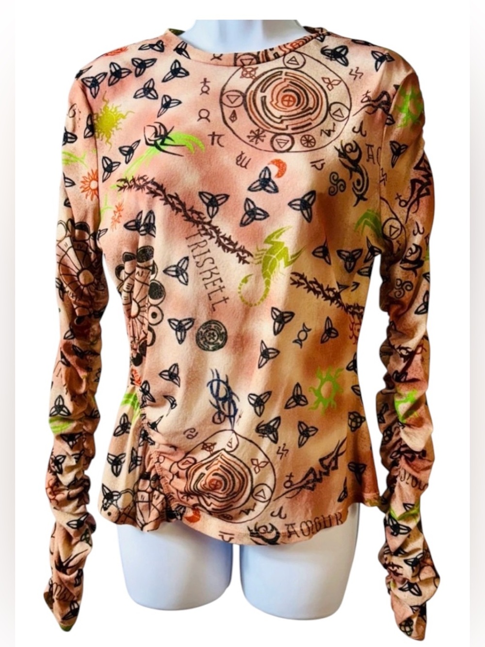 TopShop Peach Stretch Celtic Mythical Tattoo Print Ruched Sleeve Top Petite 12 - Picture 12 of 12